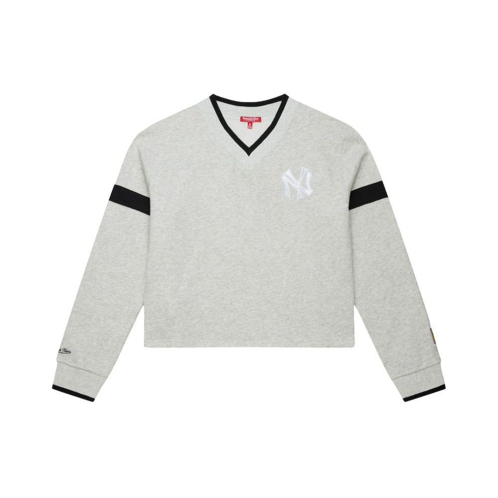 New York Yankees Mitchell & Ness Women's Cooperstown Collection V-Neck Cropped Toggle Sweatshirt - Heather Gray - Mitchell & Ness on Sale