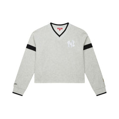 New York Yankees Mitchell & Ness Women's Cooperstown Collection V-Neck Cropped Toggle Sweatshirt - Heather Gray - Mitchell & Ness on Sale