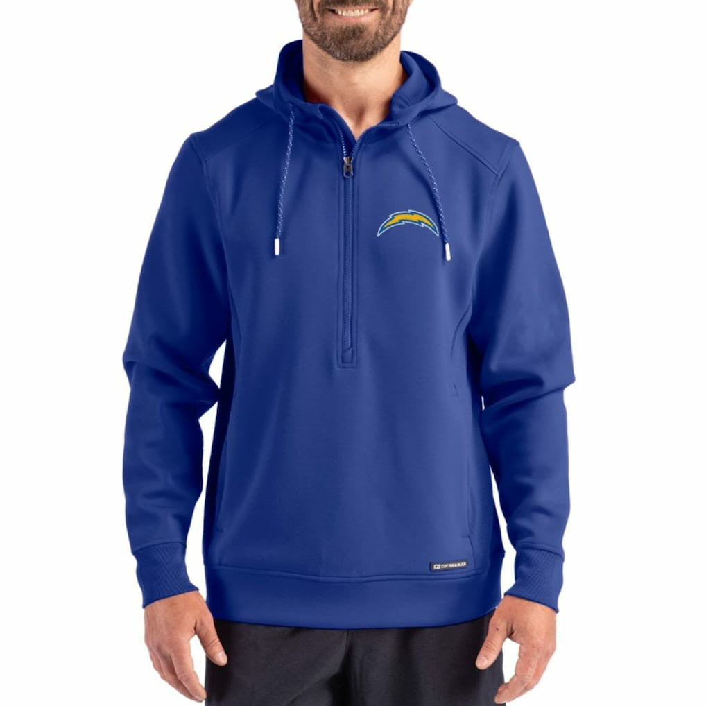 Los Angeles Chargers Cutter & Buck Roam Eco Half-Zip Recycled Pullover Hoodie Blue