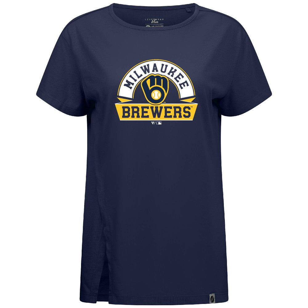 Milwaukee Brewers Levelwear Women's Influx Banner Arch T-Shirt - Navy - MLB Online
