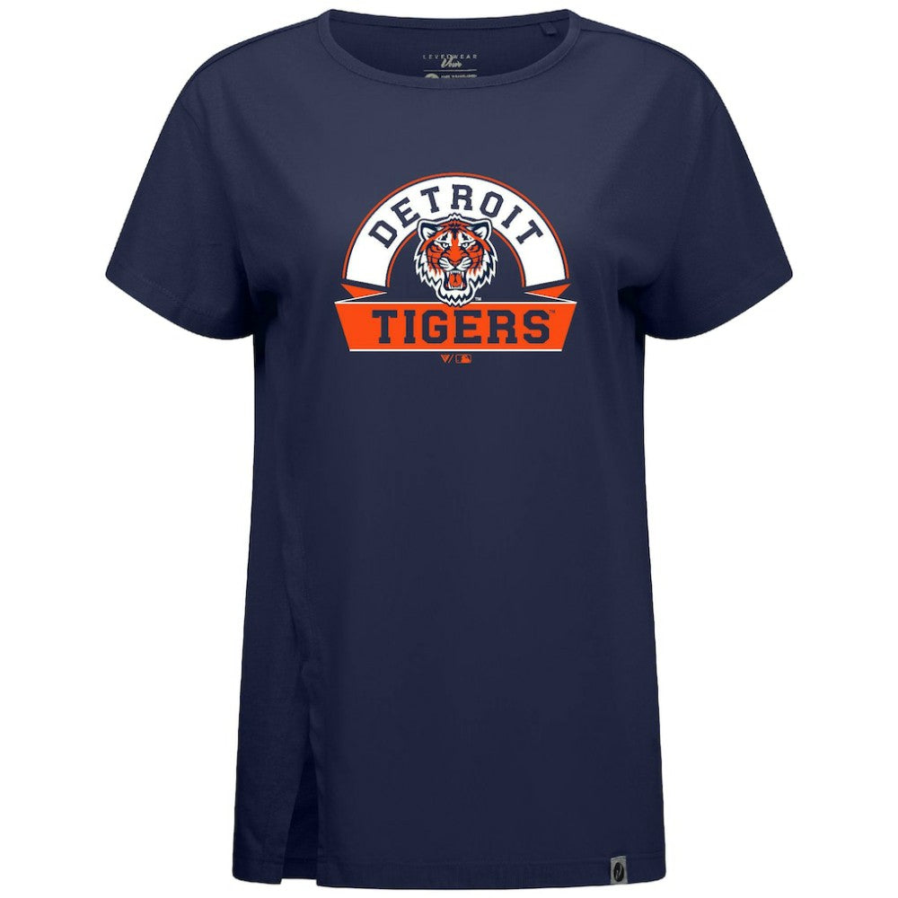 Detroit Tigers Levelwear Women's Influx Banner Arch T-Shirt - Navy - MLB Lifestyle