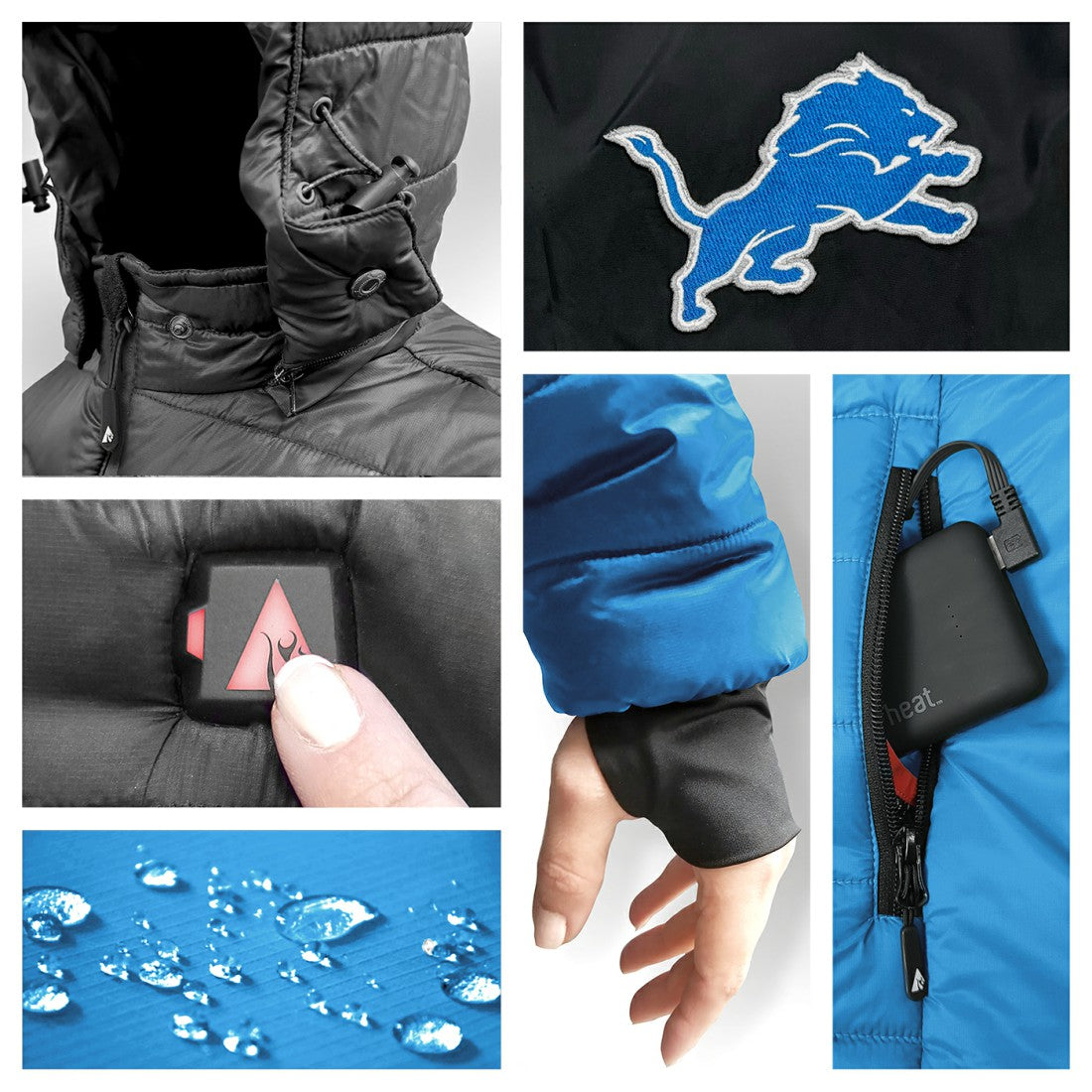 Detroit Lions ActionHeat 5V Battery Heated Colorblock Full-Zip Puffer Jacket Black/Blue