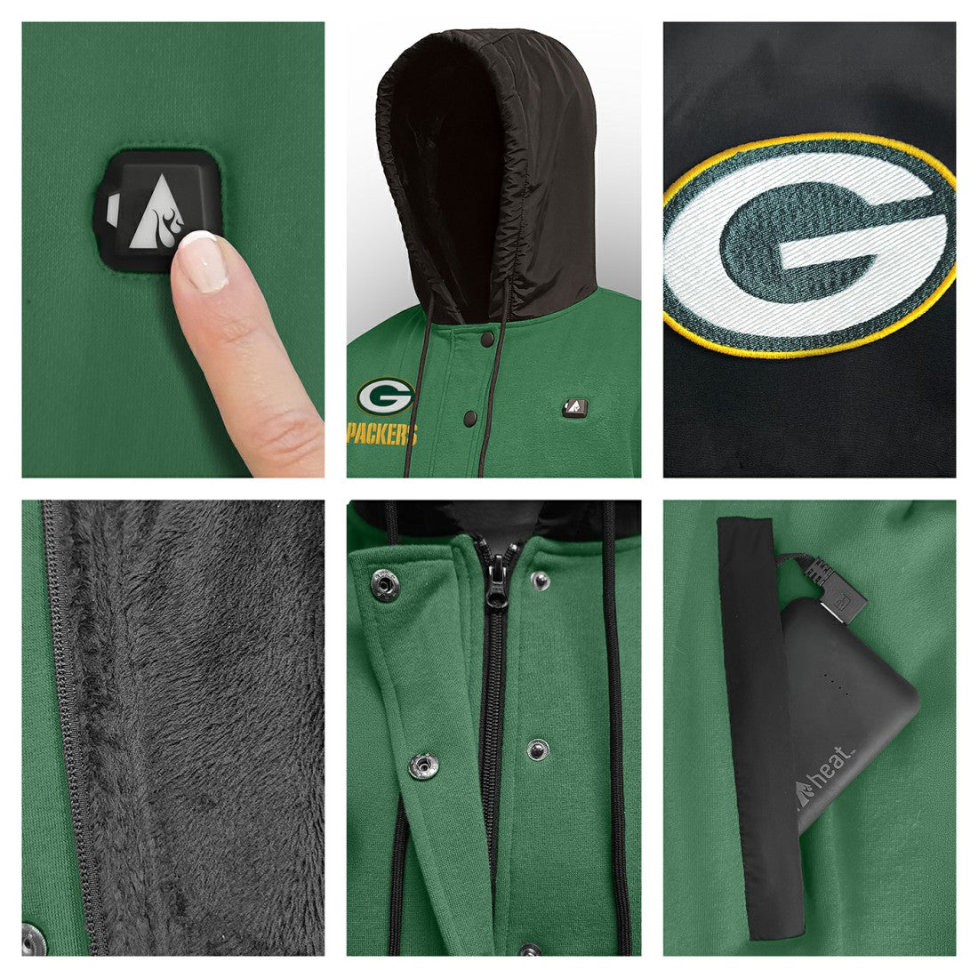 Green Bay Packers ActionHeat 5V Battery Heated Full-Snap Varsity Jacket Green/Black