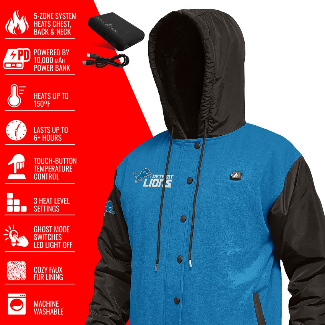 Detroit Lions ActionHeat 5V Battery Heated Full-Snap Varsity Jacket Blue/Black