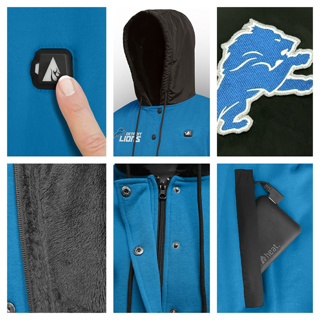 Detroit Lions ActionHeat 5V Battery Heated Full-Snap Varsity Jacket Blue/Black