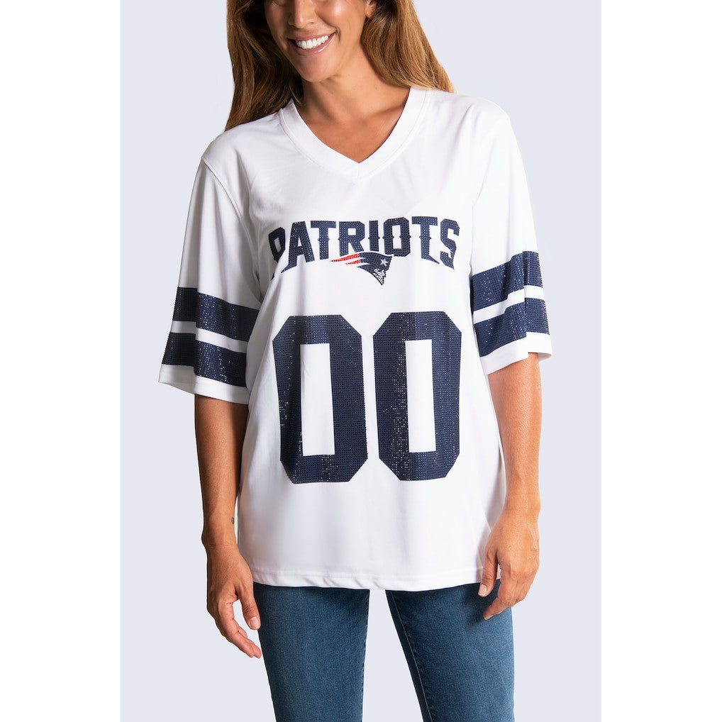 New England Patriots Cuce Women's Rhinestone V-Neck Tunic White