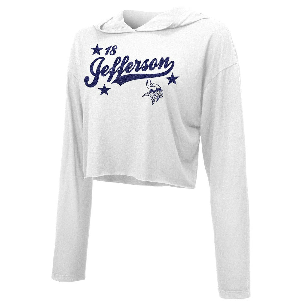 Justin Jefferson Minnesota Vikings Majestic Threads Women's Glitter Wordmark Hoodie White
