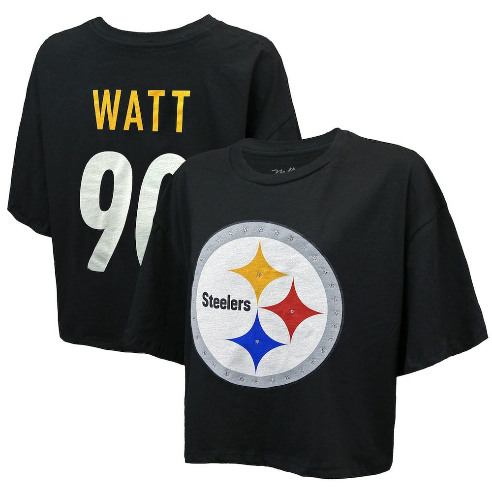 T.J. Watt Pittsburgh Steelers Majestic Threads Women's Swarovski Crystals Boxy Cropped Name & Number T-Shirt Black