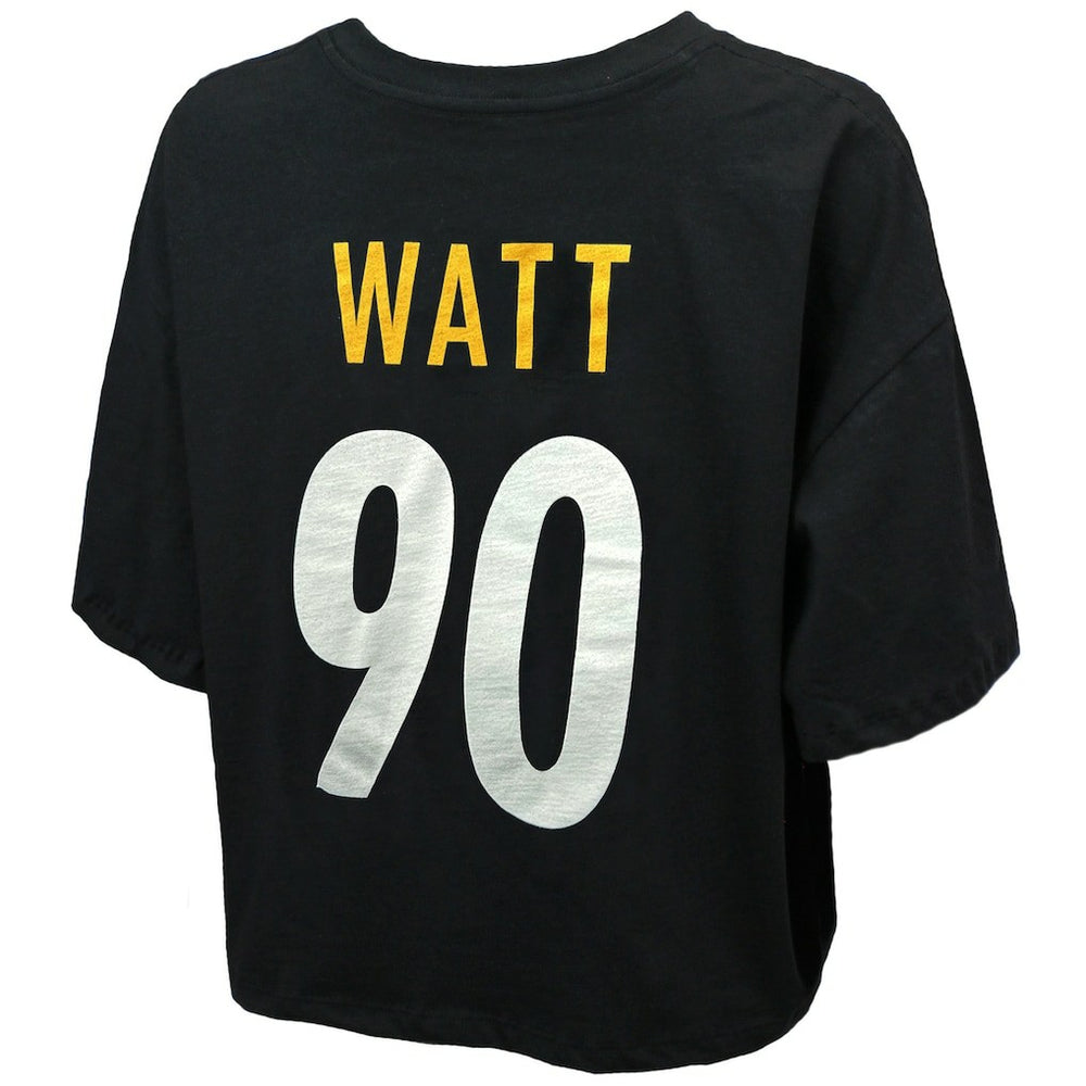 T.J. Watt Pittsburgh Steelers Majestic Threads Women's Swarovski Crystals Boxy Cropped Name & Number T-Shirt Black
