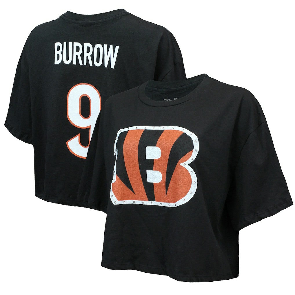 Joe Burrow Cincinnati Bengals Majestic Threads Women's Swarovski Crystals Boxy Cropped Name & Number T-Shirt Black