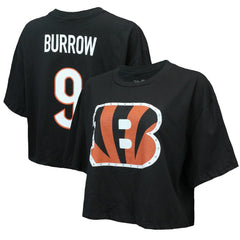 Joe Burrow Cincinnati Bengals Majestic Threads Women's Swarovski Crystals Boxy Cropped Name & Number T-Shirt Black