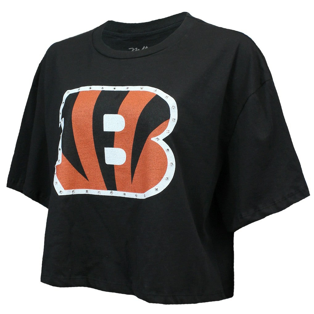 Joe Burrow Cincinnati Bengals Majestic Threads Women's Swarovski Crystals Boxy Cropped Name & Number T-Shirt Black