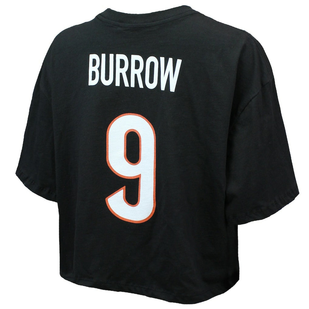 Joe Burrow Cincinnati Bengals Majestic Threads Women's Swarovski Crystals Boxy Cropped Name & Number T-Shirt Black