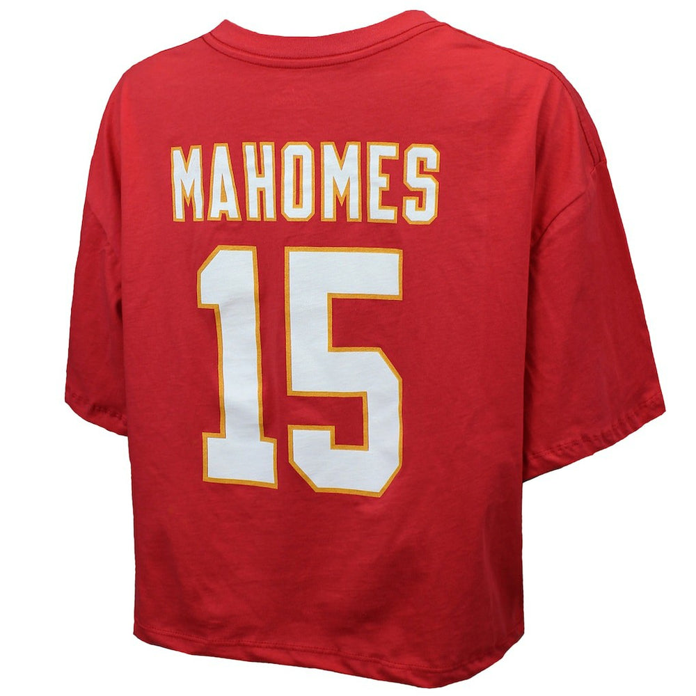 Patrick Mahomes Kansas City Chiefs Majestic Threads Women's Swarovski Crystals Boxy Cropped Name & Number T-Shirt Red
