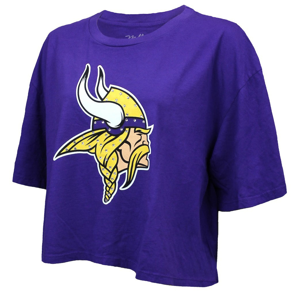 Justin Jefferson Minnesota Vikings Majestic Threads Women's Swarovski Crystals Boxy Cropped Name & Number T-Shirt Purple