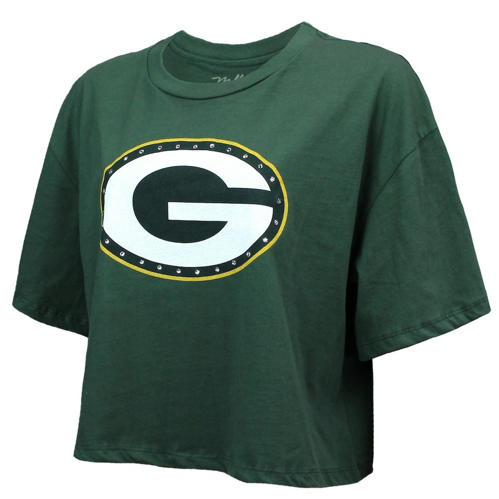 Jordan Love Green Bay Packers Majestic Threads Women's Swarovski Crystals Boxy Cropped Name & Number T-Shirt Green
