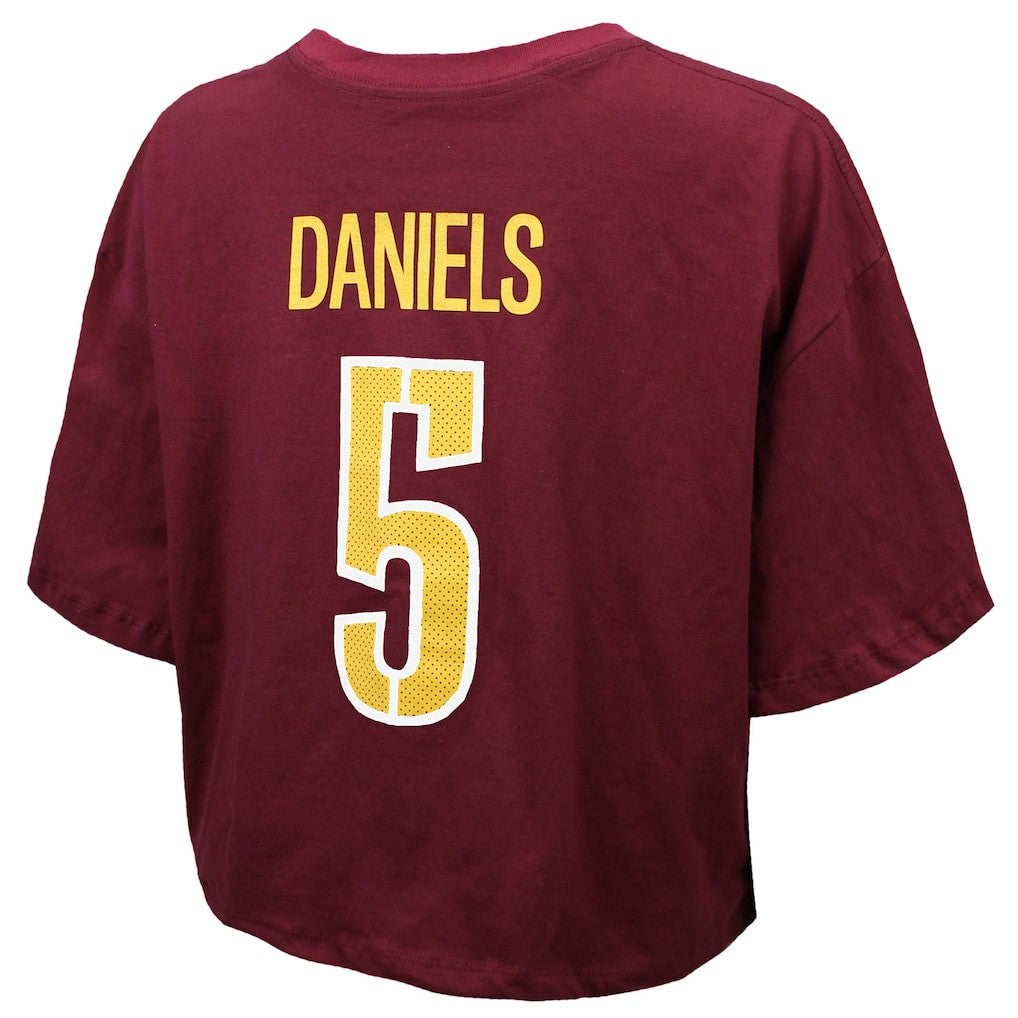 Jayden Daniels Washington Commanders Majestic Threads Women's Swarovski Crystals Boxy Cropped Name & Number T-Shirt Burgundy