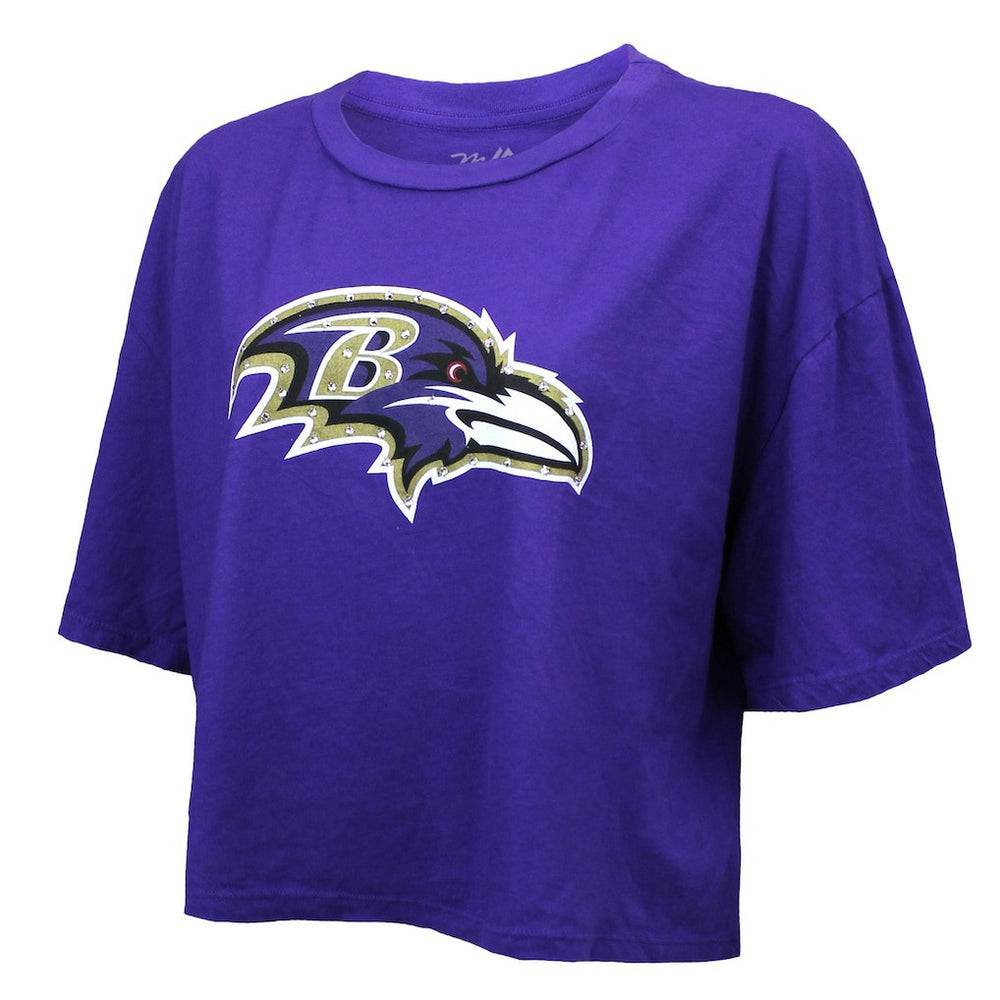 Lamar Jackson Baltimore Ravens Majestic Threads Women's Swarovski Crystals Boxy Cropped Name & Number T-Shirt Purple
