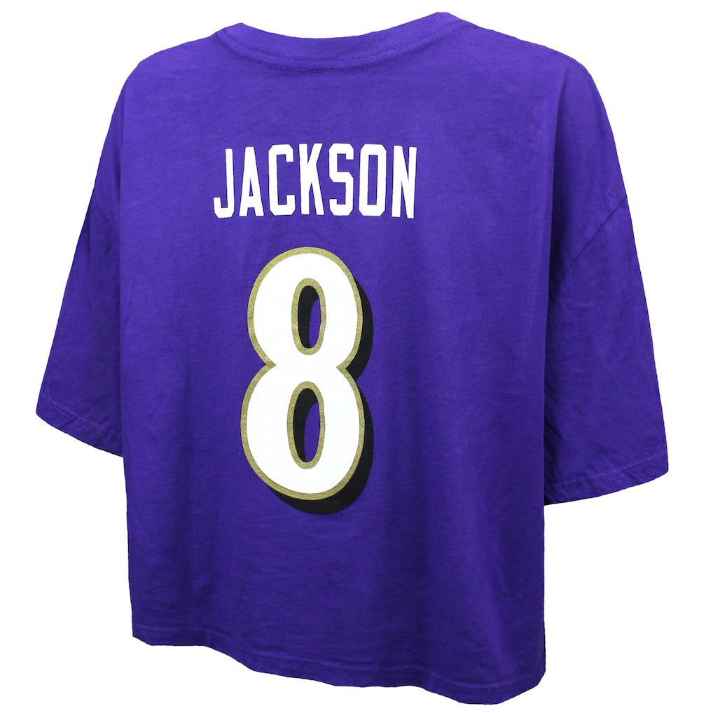 Lamar Jackson Baltimore Ravens Majestic Threads Women's Swarovski Crystals Boxy Cropped Name & Number T-Shirt Purple