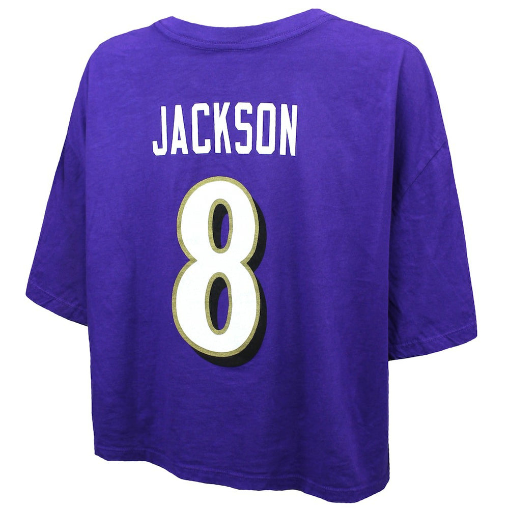 Lamar Jackson Baltimore Ravens Majestic Threads Women's Swarovski Crystals Boxy Cropped Name & Number T-Shirt Purple