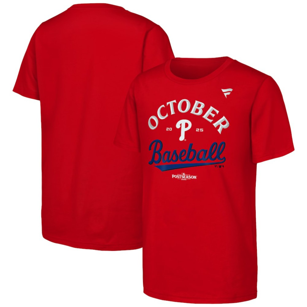 Philadelphia Phillies Fanatics Youth 2025 MLB Postseason Locker Room T-Shirt - Red - Fanatics Discount