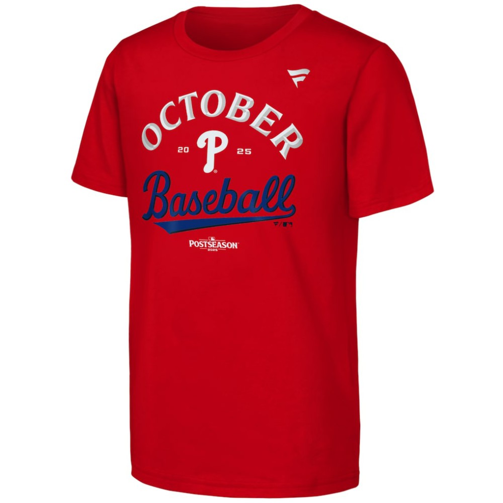 Philadelphia Phillies Fanatics Youth 2025 MLB Postseason Locker Room T-Shirt - Red - Fanatics Discount