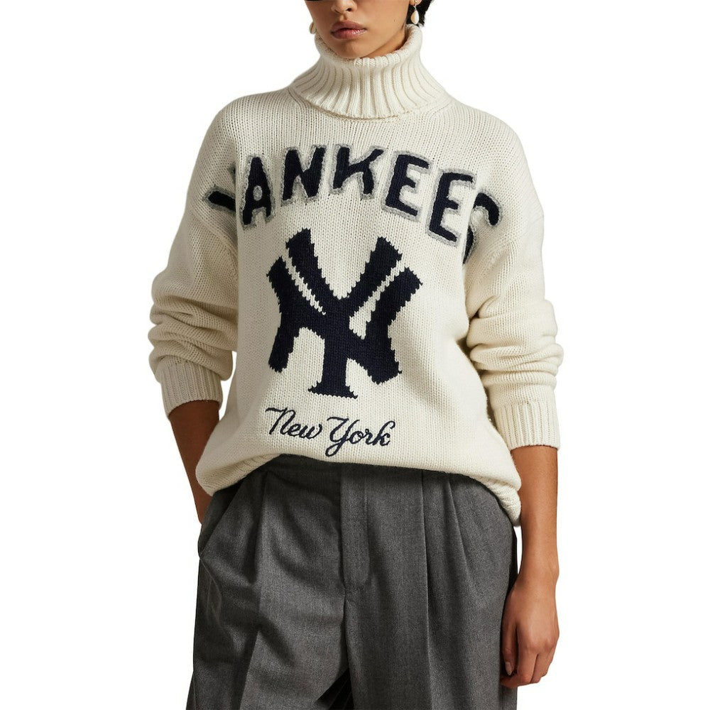 Yankees Polo Ralph Lauren Women's Wool-Blend Turtleneck Sweater - Cream - MLB Sale