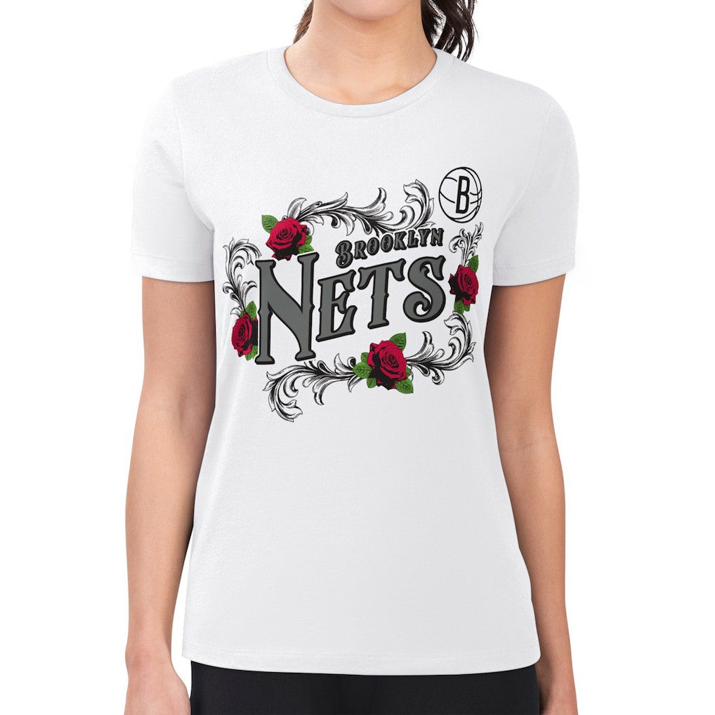 Brooklyn Nets G-III 4Her by Carl Banks Women's Super-Slim Fit Lightweight Roses Crew Neck T-Shirt White