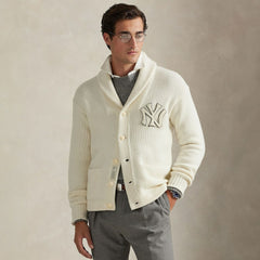 New York Yankees Polo Ralph Lauren Wool Shawl Button-Up Cardigan - Cream - MLB on Sale