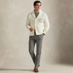 New York Yankees Polo Ralph Lauren Wool Shawl Button-Up Cardigan - Cream - MLB on Sale