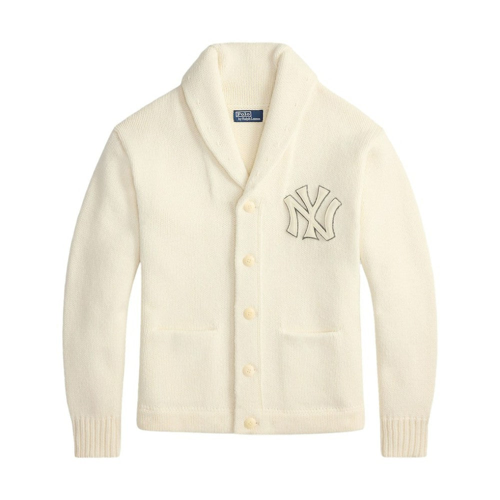 New York Yankees Polo Ralph Lauren Wool Shawl Button-Up Cardigan - Cream - MLB on Sale