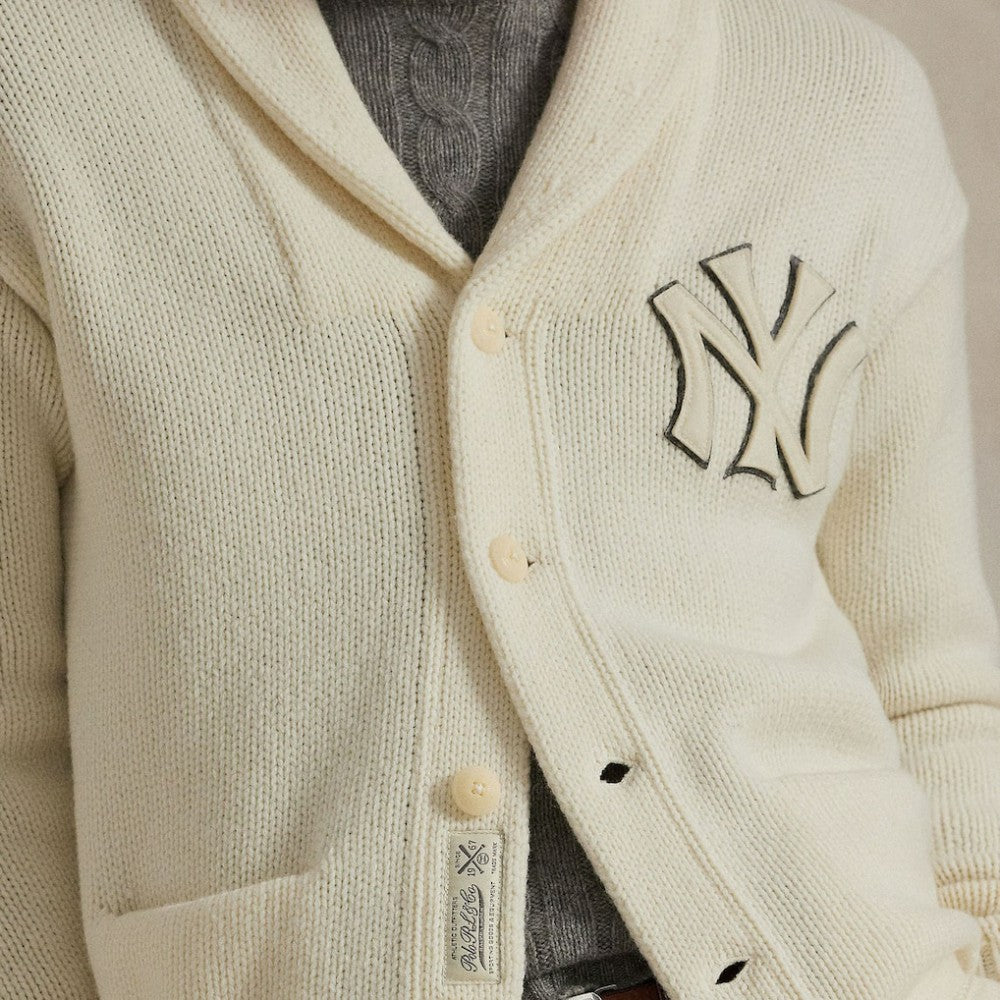 New York Yankees Polo Ralph Lauren Wool Shawl Button-Up Cardigan - Cream - MLB on Sale