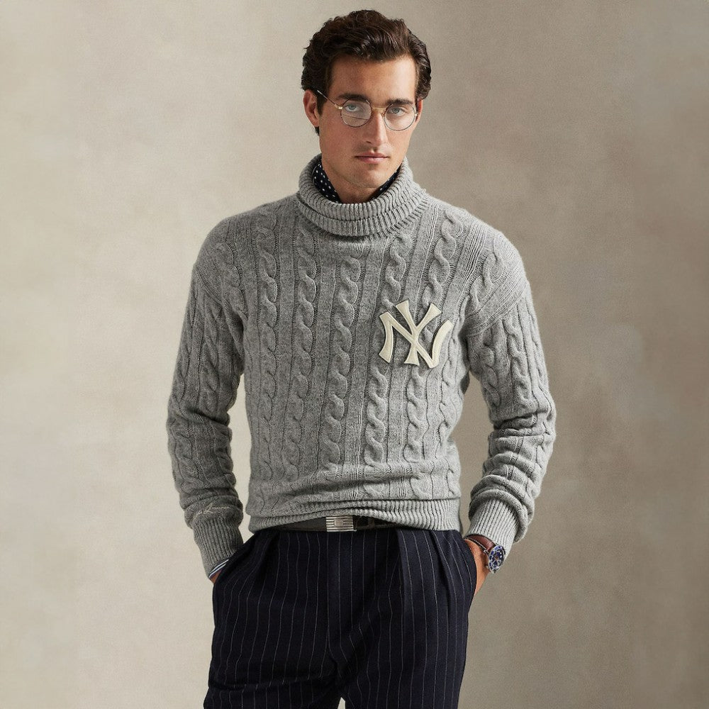 New York Yankees Polo Ralph Lauren Wool Turtleneck Sweater - Heather Gray - MLB Discount