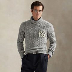 New York Yankees Polo Ralph Lauren Wool Turtleneck Sweater - Heather Gray - MLB Discount