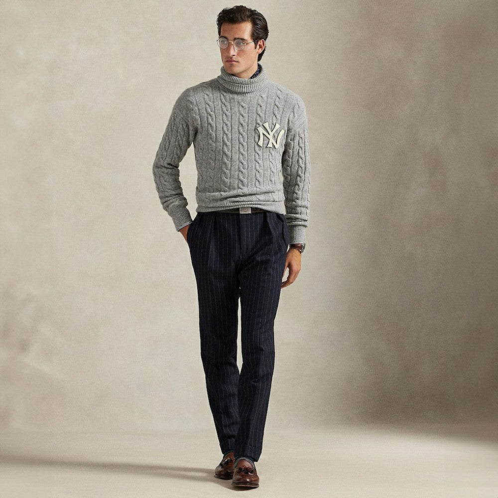 New York Yankees Polo Ralph Lauren Wool Turtleneck Sweater - Heather Gray - MLB Discount