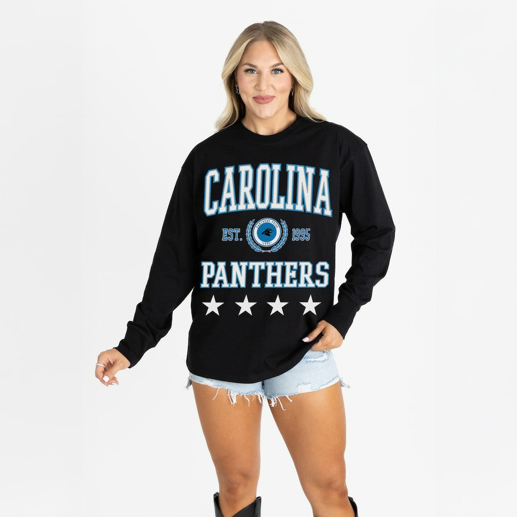 Carolina Panthers Gameday Couture Women's Oversized Everyday Star Long Sleeve T-Shirt Black