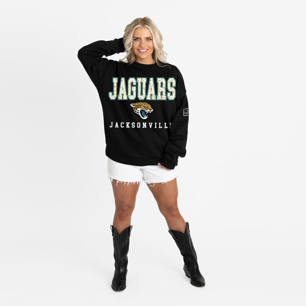 Jacksonville Jaguars Gameday Couture Women's Oversized Level Up Black Label Premium Fleece Sweatshirt Black