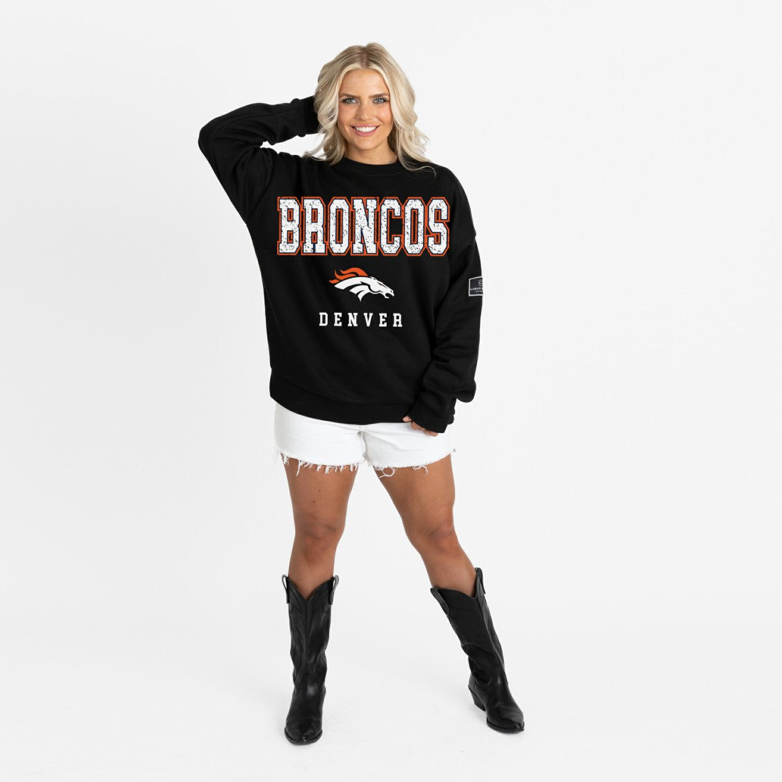 Denver Broncos Gameday Couture Women's Oversized Level Up Black Label Premium Fleece Sweatshirt Black