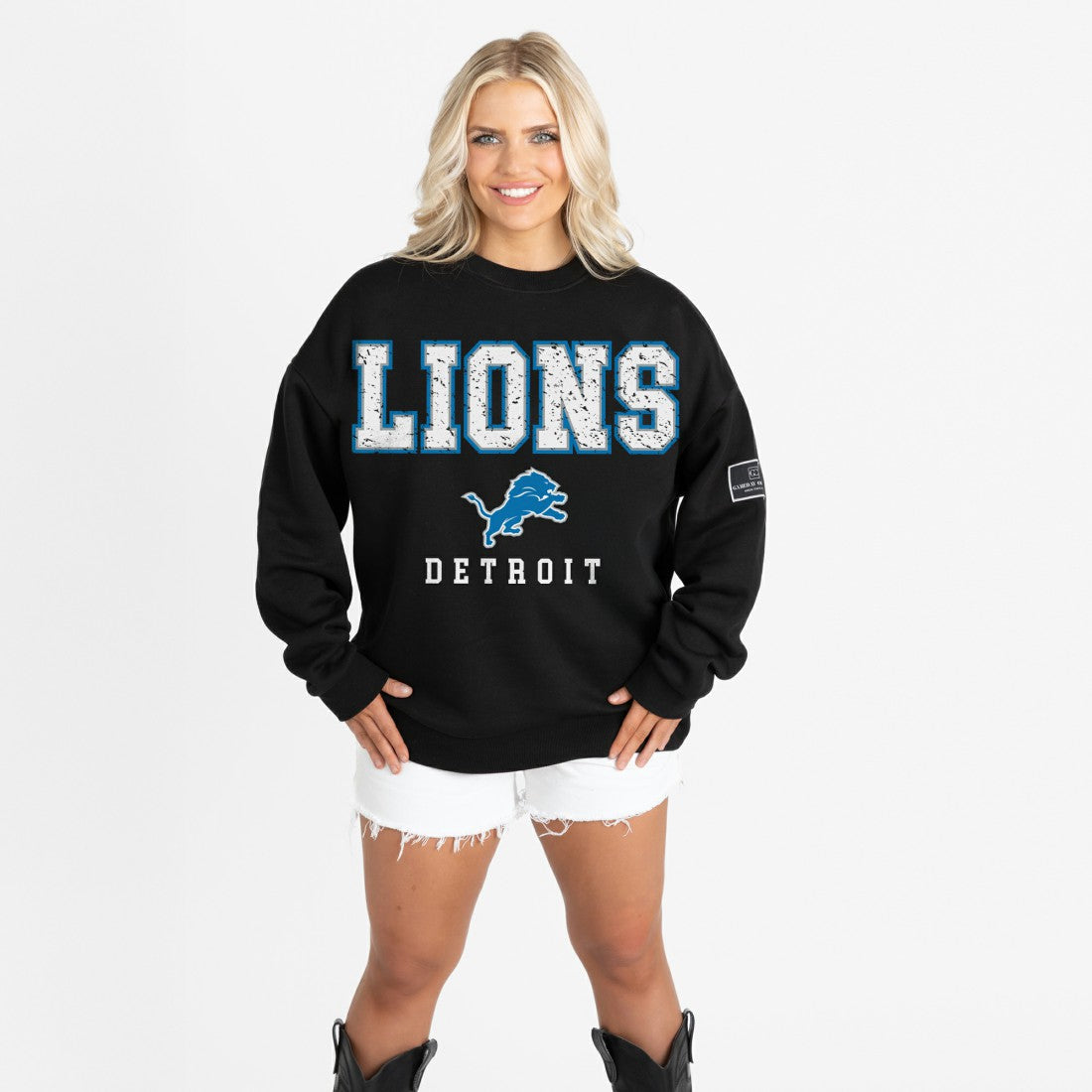 Detroit Lions Gameday Couture Women's Oversized Level Up Black Label Premium Fleece Sweatshirt Black