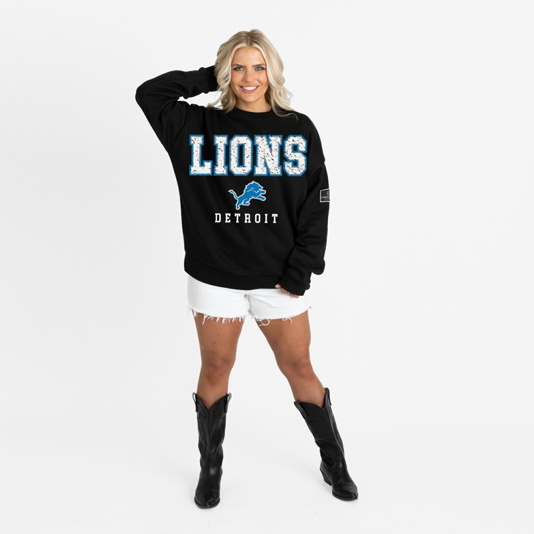 Detroit Lions Gameday Couture Women's Oversized Level Up Black Label Premium Fleece Sweatshirt Black