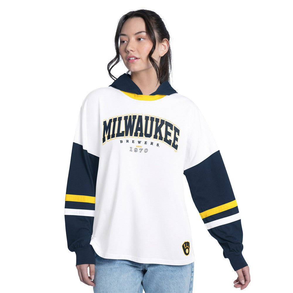 Milwaukee Brewers G-III 4Her by Carl Banks Women's Key Player Oversized Hooded Long Sleeve T-Shirt - White/Navy - MLB Sale
