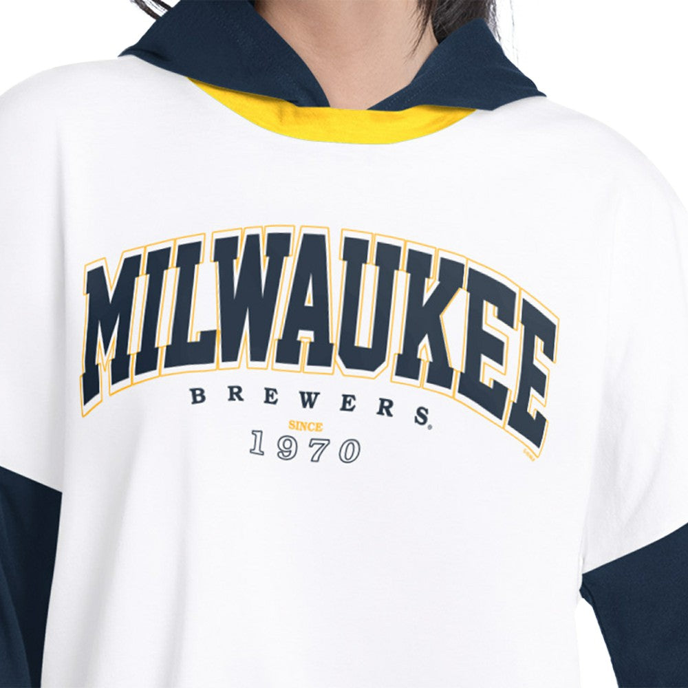 Milwaukee Brewers G-III 4Her by Carl Banks Women's Key Player Oversized Hooded Long Sleeve T-Shirt - White/Navy - MLB Sale