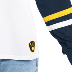 Milwaukee Brewers G-III 4Her by Carl Banks Women's Key Player Oversized Hooded Long Sleeve T-Shirt - White/Navy - MLB Sale