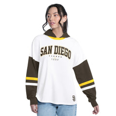 San Diego Padres G-III 4Her by Carl Banks Women's Key Player Oversized Hooded Long Sleeve T-Shirt - White/Brown - MLB Sale