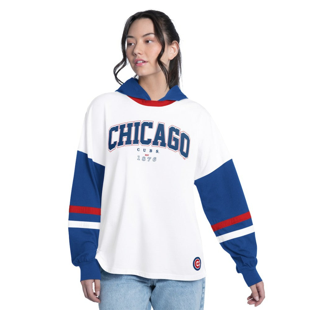Chicago Cubs G-III 4Her by Carl Banks Women's Key Player Oversized Hooded Long Sleeve T-Shirt - White/Royal - MLB Discount