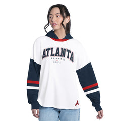 Atlanta Braves G-III 4Her by Carl Banks Women's Key Player Oversized Hooded Long Sleeve T-Shirt - White/Navy - MLB Online