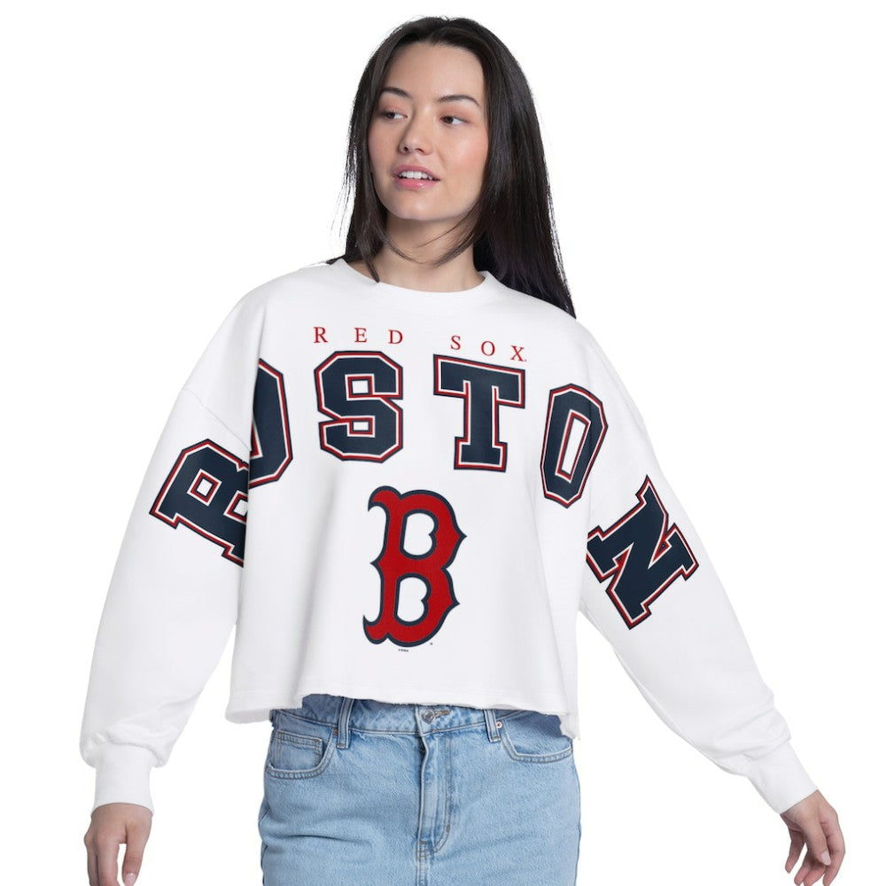 Boston Red Sox G-III 4Her by Carl Banks Women's Bleachers Cropped Pullover Sweatshirt - White - MLB on Sale