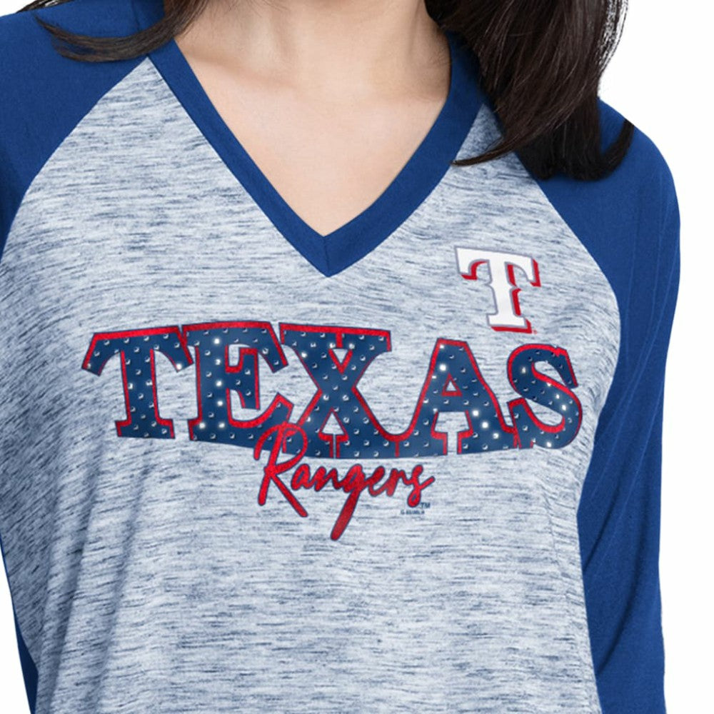 Texas Rangers G-III 4Her by Carl Banks Women's Speed Training 3/4-Sleeve Rhinestone V-Neck T-Shirt - Royal/Heather Royal - MLB on Sale