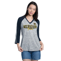 Milwaukee Brewers G-III 4Her by Carl Banks Women's Speed Training 3/4-Sleeve Rhinestone V-Neck T-Shirt - Navy/Heather Navy - MLB on Sale