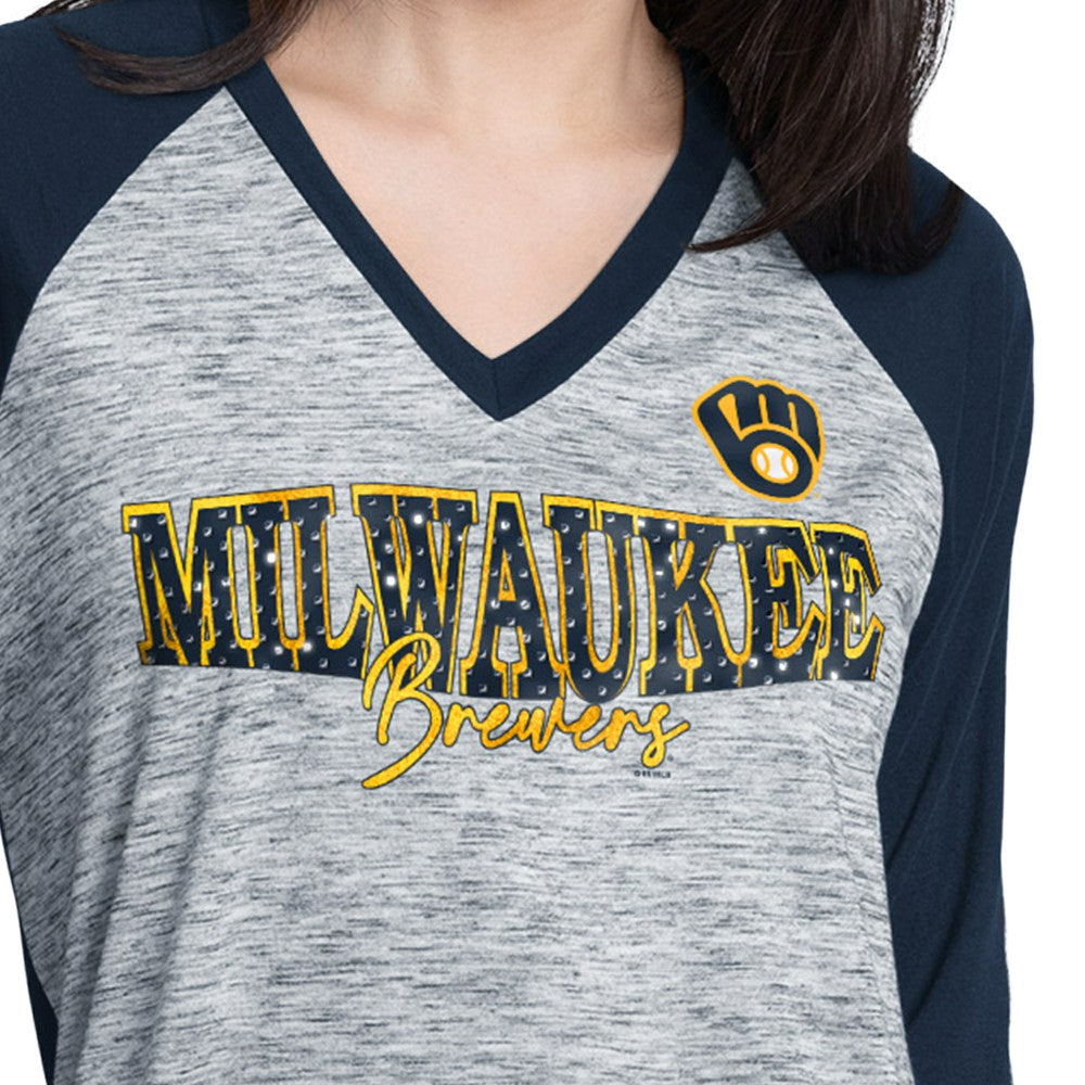 Milwaukee Brewers G-III 4Her by Carl Banks Women's Speed Training 3/4-Sleeve Rhinestone V-Neck T-Shirt - Navy/Heather Navy - MLB on Sale